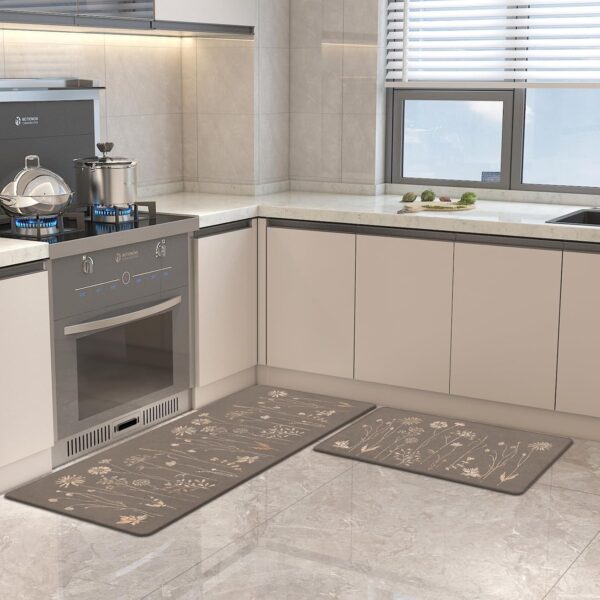 Rempry Floral Kitchen Mats for Floor, Non Slip Kitchen Rugs and Mat Set of 2, Waterproof Cushioned Anti Fatigue Kitchen Mat, 17"x47"+17"x29", Brown 2