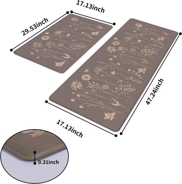 Rempry Floral Kitchen Mats for Floor, Non Slip Kitchen Rugs and Mat Set of 2, Waterproof Cushioned Anti Fatigue Kitchen Mat, 17"x47"+17"x29", Brown 3