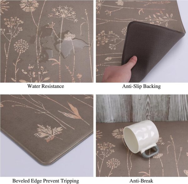 Rempry Floral Kitchen Mats for Floor, Non Slip Kitchen Rugs and Mat Set of 2, Waterproof Cushioned Anti Fatigue Kitchen Mat, 17"x47"+17"x29", Brown 4