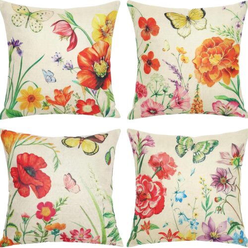 KHLS-SEV-AP-1541_1 Spring Floral Throw Pillow Covers 18x18 Inch Set of 4 Butterfly Flower Decorative Pillowcases Rustic Linen Cushion Cover for Couch Sofa Living Room Farmhouse Garden Home Decor