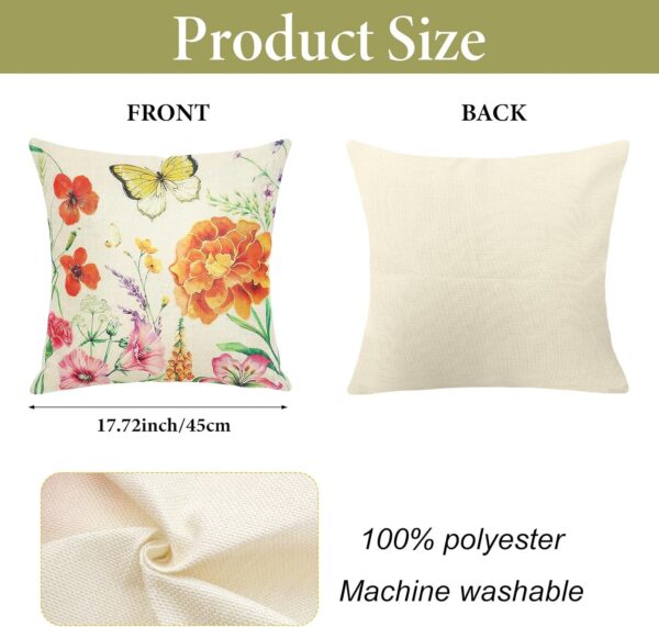 Spring Floral Throw Pillow Covers 18x18 Inch Set of 4 Butterfly Flower Decorative Pillowcases Rustic Linen Cushion Cover for Couch Sofa Living Room Farmhouse Garden Home Decor 2