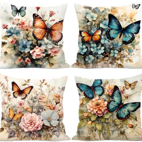 KHLS-SEV-AP-1662_1 4 Pcs Vintage Butterfly Throw Pillow Covers 18x18 Inch, Floral Art Throw Pillows Square Cushion Covers, Aesthetic Decorative Pillows for Couch Sofa Living Room Bedroom, Butterfly Gifts