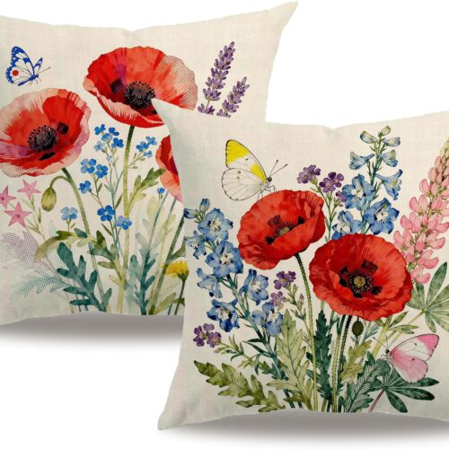 Watercolor Floral Throw Pillow Cover ,18×18 Inch, Butterfly With Red Flower Pillowcases,Farmhouse Style Spring Garden Home Decorative Cushion Cases, Set of 2 for Patio Sofa Couch (Red/Blue, 18" x 18")