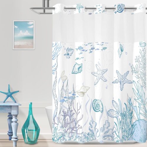 KHLS-SEV-AP-1745_1 No Hook Shower Curtain with Snap in Liner, Beach Ocean Nautical Coastal Shower Curtains and Liner Set for Bathroom, Seashell Hotel Fabric Bath Curtain, Waterproof Washable, Blue 71" x 74"