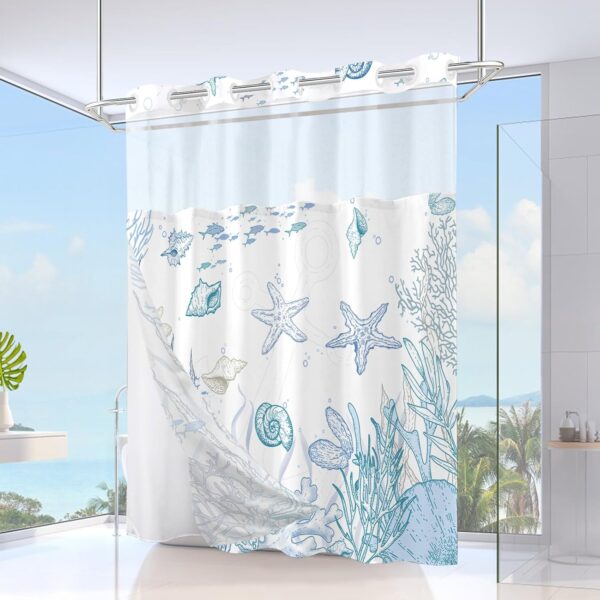 No Hook Shower Curtain with Snap in Liner, Beach Ocean Nautical Coastal Shower Curtains and Liner Set for Bathroom, Seashell Hotel Fabric Bath Curtain, Waterproof Washable, Blue 71" x 74" 2