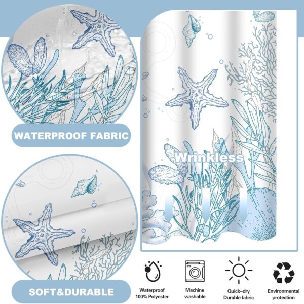 No Hook Shower Curtain with Snap in Liner, Beach Ocean Nautical Coastal Shower Curtains and Liner Set for Bathroom, Seashell Hotel Fabric Bath Curtain, Waterproof Washable, Blue 71" x 74" 3