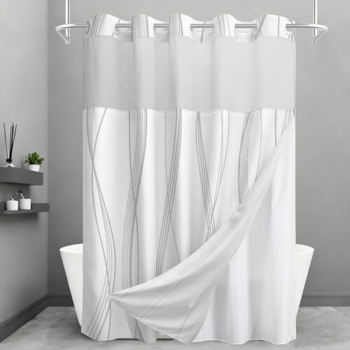 No Hook Shower Curtain and Liner Set, Grey Striped Shower Curtains with Snap in Fabric Liner, Hotel Ringless Waterproof Washable with See Through Top Window, 71" x 74"