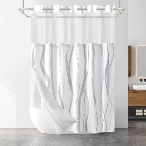 KHLS-SEV-AP-1760_1 No Hook Shower Curtain with Snap in Liner Set, Grey and White Striped Design, Waterproof Washable Fabric Hotel Shower Curtains for Bathroom Decor with See Through Mesh Top Window 71x74 Inch