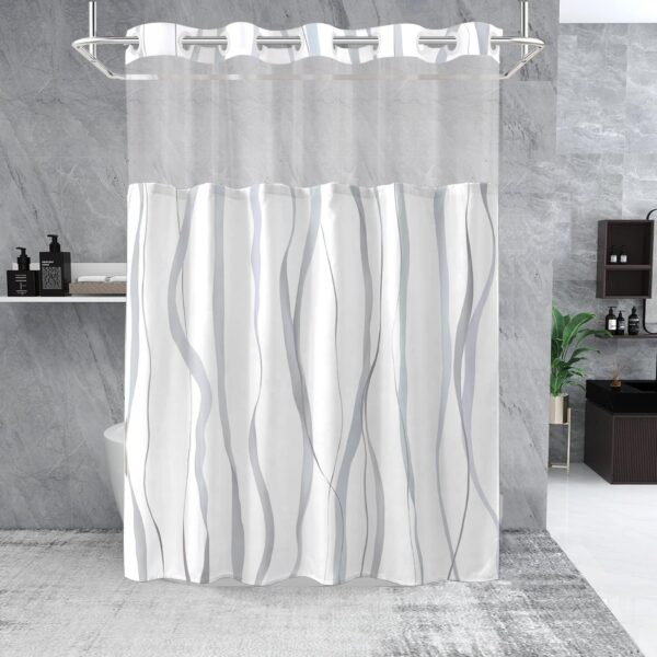 No Hook Shower Curtain with Snap in Liner Set, Grey and White Striped Design, Waterproof Washable Fabric Hotel Shower Curtains for Bathroom Decor with See Through Mesh Top Window 71x74 Inch 2