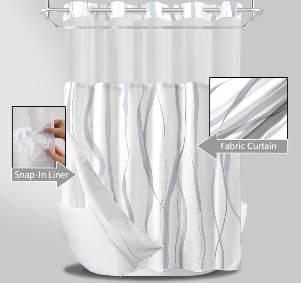 No Hook Shower Curtain with Snap in Liner Set, Grey and White Striped Design, Waterproof Washable Fabric Hotel Shower Curtains for Bathroom Decor with See Through Mesh Top Window 71x74 Inch 3