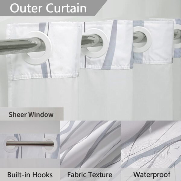 No Hook Shower Curtain with Snap in Liner Set, Grey and White Striped Design, Waterproof Washable Fabric Hotel Shower Curtains for Bathroom Decor with See Through Mesh Top Window 71x74 Inch 4