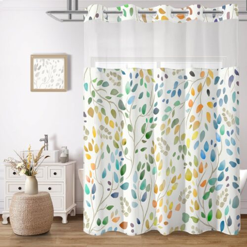 KHLS-SEV-AP-1765_1 No Hook Shower Curtain with Snap in Liner Set, Boho Colorful Leaves Design, Waterproof Washable Fabric Floral Shower Curtains for Bathroom Decor with See Through Mesh Top Window 71x74 Inch