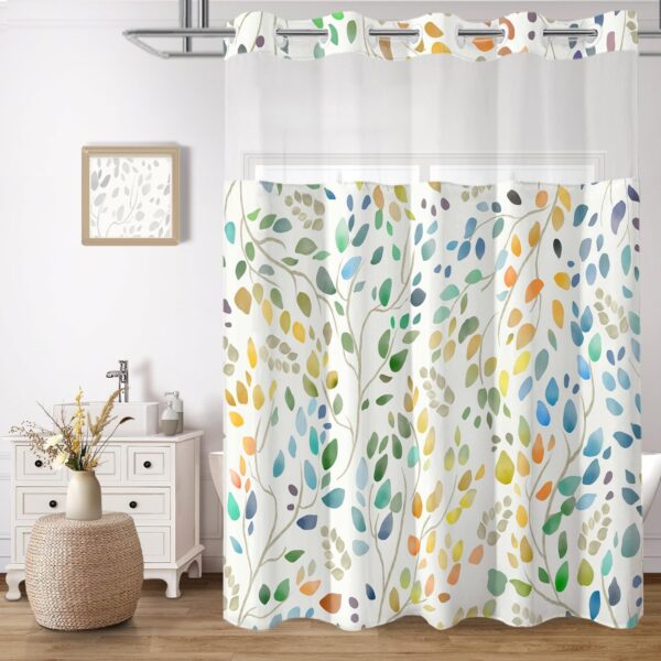 No Hook Shower Curtain with Snap in Liner Set, Boho Colorful Leaves Design, Waterproof Washable Fabric Floral Shower Curtains for Bathroom Decor with See Through Mesh Top Window 71x74 Inch 1