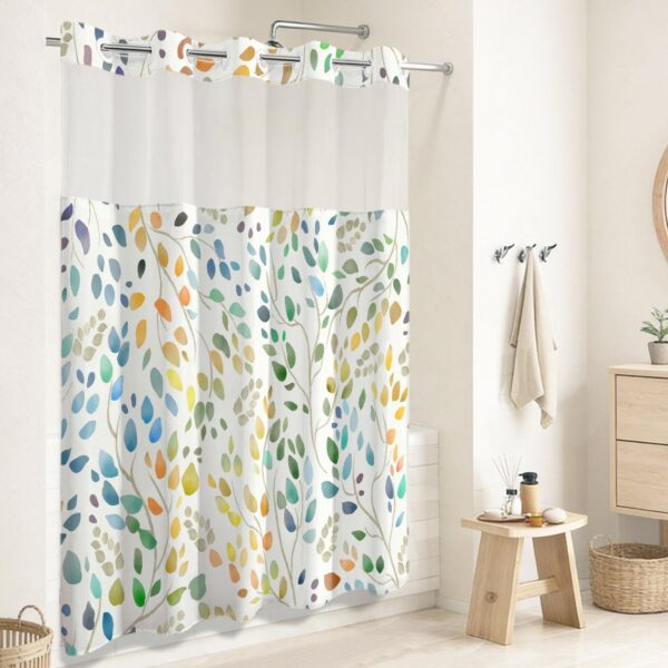 No Hook Shower Curtain with Snap in Liner Set, Boho Colorful Leaves Design, Waterproof Washable Fabric Floral Shower Curtains for Bathroom Decor with See Through Mesh Top Window 71x74 Inch 2