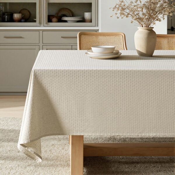 MIULEE Natural Beige Linen Cotton Table Cloth Rectangle Tablecloth Spring Waterproof Spillproof Cross-Star Textured Table Cloth Decorative Farmhouse Style for Dining Party Weddings 52x70 Inch 1