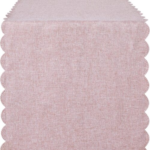 KHLS-SEV-AP-759_1 Pink Cotton Linen Table Runner 13 x 108 Inches, Farmhouse Scallop Style Linen for Kitchen Dining Coffee Parties Wedding Home Decor