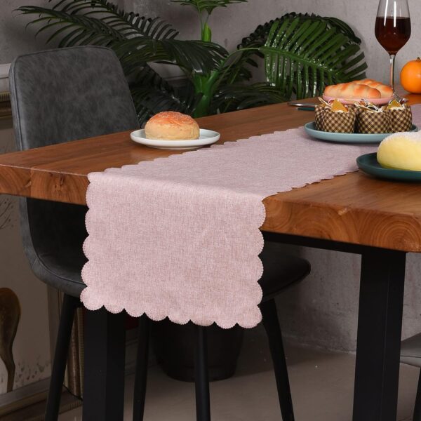 Pink Cotton Linen Table Runner 13 x 108 Inches, Farmhouse Scallop Style Linen for Kitchen Dining Coffee Parties Wedding Home Decor 2