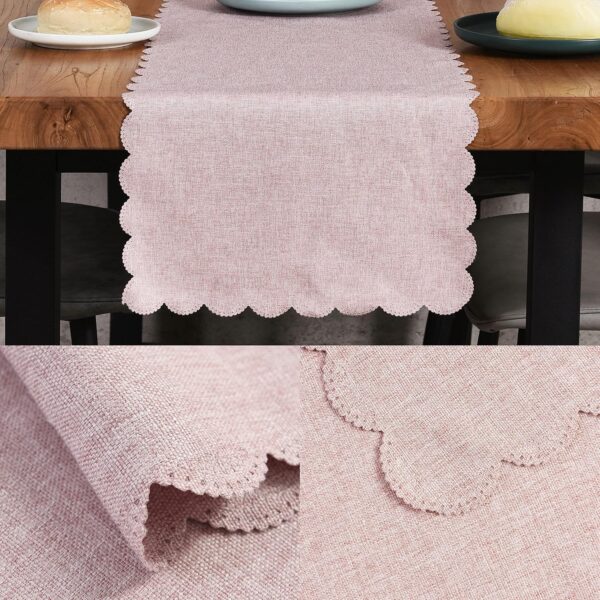 Pink Cotton Linen Table Runner 13 x 108 Inches, Farmhouse Scallop Style Linen for Kitchen Dining Coffee Parties Wedding Home Decor 3