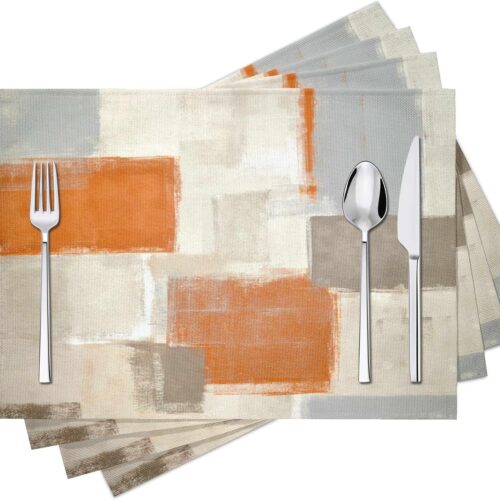 KHLS-SEV-AP-887_1 Modern Art Placemats Set of 4 Orange Abstract Painting Place Mats Washable Linen Beige Placemat for Kitchen Dining Table Home Party Banquet Decor 18x12 Inches