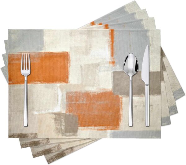 Modern Art Placemats Set of 4 Orange Abstract Painting Place Mats Washable Linen Beige Placemat for Kitchen Dining Table Home Party Banquet Decor 18x12 Inches 1