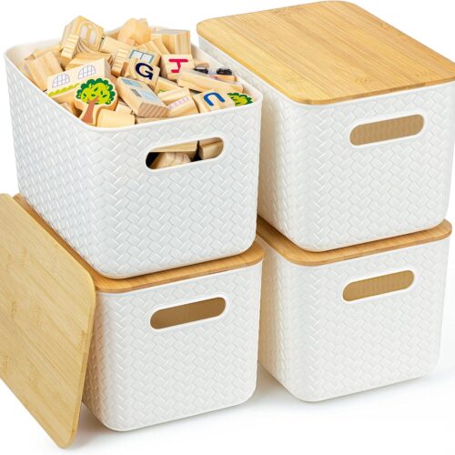 WF0550MAX_1 Ohmlove 4 Packs Storage Bins with Bamboo Lids - Plastic Storage Containers with Lids Stackable Storage Box:Storages Baskets for Organizing Desktop Closet Playroom Classroom Office,White