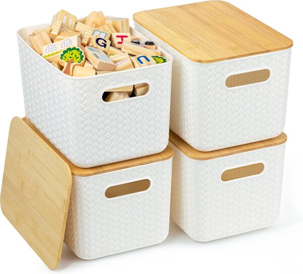Ohmlove 4 Packs Storage Bins with Bamboo Lids - Plastic Storage Containers with Lids Stackable Storage Box:Storages Baskets for Organizing Desktop Closet Playroom Classroom Office,White 1