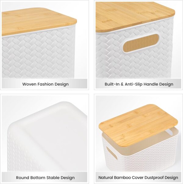 Ohmlove 4 Packs Storage Bins with Bamboo Lids - Plastic Storage Containers with Lids Stackable Storage Box:Storages Baskets for Organizing Desktop Closet Playroom Classroom Office,White 3
