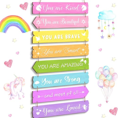 Inspirational Girl Room Decor Aesthetic Art Wall Hanging Sign Inspiring Colorful Rainbow Wooden Decoration for Kids Teens Toddler Boy Baby Bedroom Nursery Dorm Decor, 6-12 Years old(Unicorn)