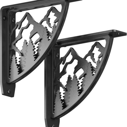 WF1000MAX_1 STARBY Heavy Duty Shelf Brackets. 2 Pack, 8" x 8" Fireplace Mantel Corbels. L Shaped Metal Bracket Counter Supports. Designer Wrought Iron Black. DIY Hardware Included. 500 Lb Capacity. Made in USA