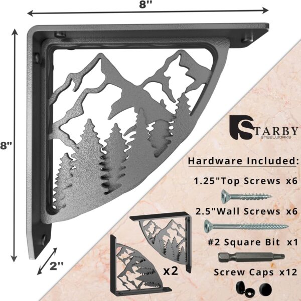 STARBY Heavy Duty Shelf Brackets. 2 Pack, 8" x 8" Fireplace Mantel Corbels. L Shaped Metal Bracket Counter Supports. Designer Wrought Iron Black. DIY Hardware Included. 500 Lb Capacity. Made in USA 3