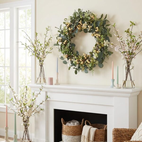 20Inch Artificial Eucalyptus Berry Wreath Green Leaf Eucalyptus Wreaths Spring Summer Wreath for Front Door Window Hanging Wall Party Decorations (20in) 2