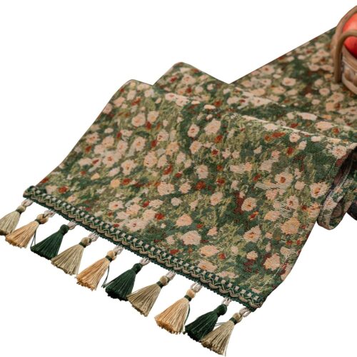 WF11062MAX_1 Floral Spring Summer Table Runner for Living Room Jacquard Flower Dining Table Runner with Tassels Daisy Decorative Elegant Natural Table Runners 13 x 48 Inch Green