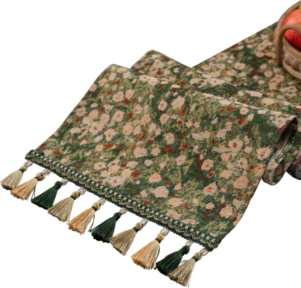 Floral Spring Summer Table Runner for Living Room Jacquard Flower Dining Table Runner with Tassels Daisy Decorative Elegant Natural Table Runners 13 x 48 Inch Green 1