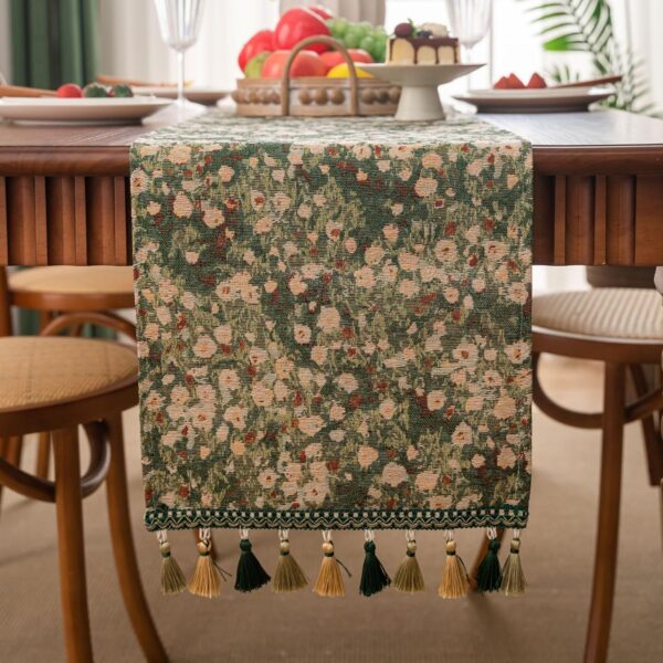 Floral Spring Summer Table Runner for Living Room Jacquard Flower Dining Table Runner with Tassels Daisy Decorative Elegant Natural Table Runners 13 x 48 Inch Green 2