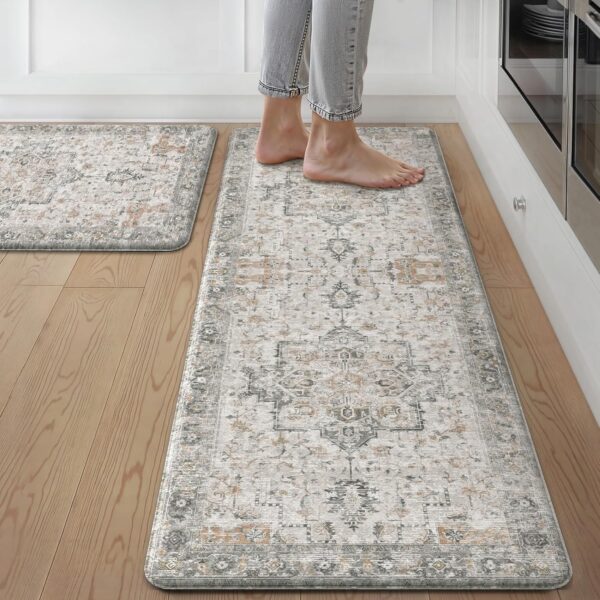 GENIMO Kitchen Mats for Floor 2PCs, Washable Anti Fatigue Mat for Cushioned, 17.3"x47"+17.3"x30", Waterproof Kitchen Rugs, Non Slip Comfort Standing Mat Rug for Home, Sink, Laundry, LightTaupeBrown 1