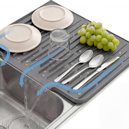 Foldable Silicone Dish Drying Mat for Kitchen Counter & Sink - Quick Dry, Space Saving, Non-Slip Pad for Small Apartments & Coffee Bar Dark Grey
