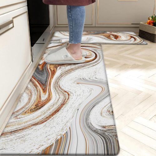 WF11688MAX_1 Kitchen Mats for Floor Anti Fatigue Floor Marble Cushioned Memory Foam Non Slip PVC Leather Padded Comfort Standing Rugs Set of 2, 17.3x28+17.3x47 Inch,0.4 Inch Thick