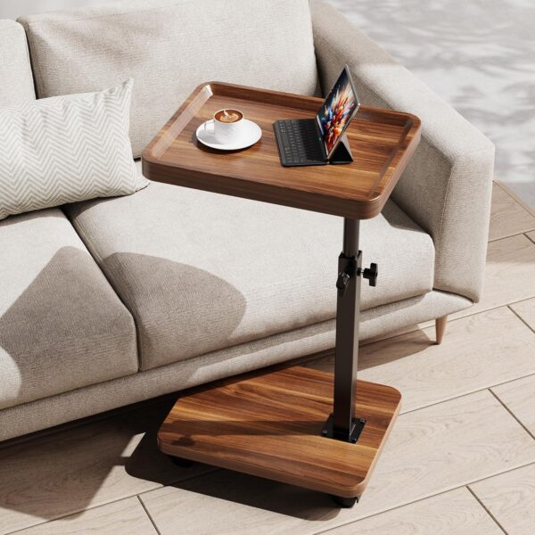 C Table End Table Adjustable Height, 360°Swivel TV Tray Table for Small Spaces, Side Tables with Wheels for Living Room and Bedroom, Bed (Walnut) 1