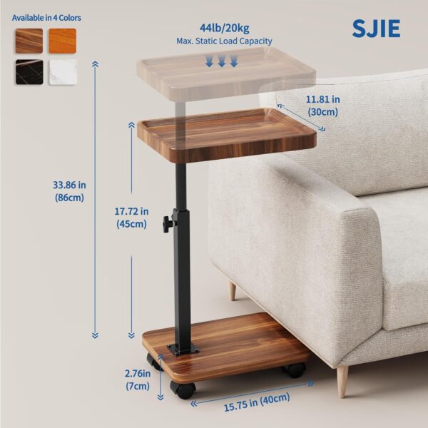 C Table End Table Adjustable Height, 360°Swivel TV Tray Table for Small Spaces, Side Tables with Wheels for Living Room and Bedroom, Bed (Walnut) 2