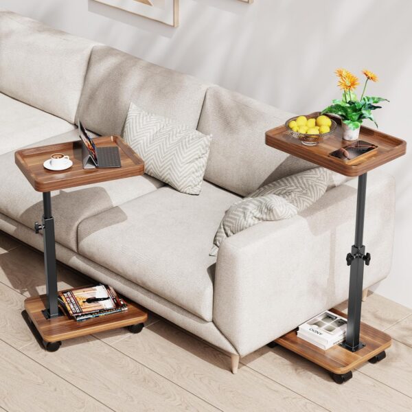 C Table End Table Adjustable Height, 360°Swivel TV Tray Table for Small Spaces, Side Tables with Wheels for Living Room and Bedroom, Bed (Walnut) 3