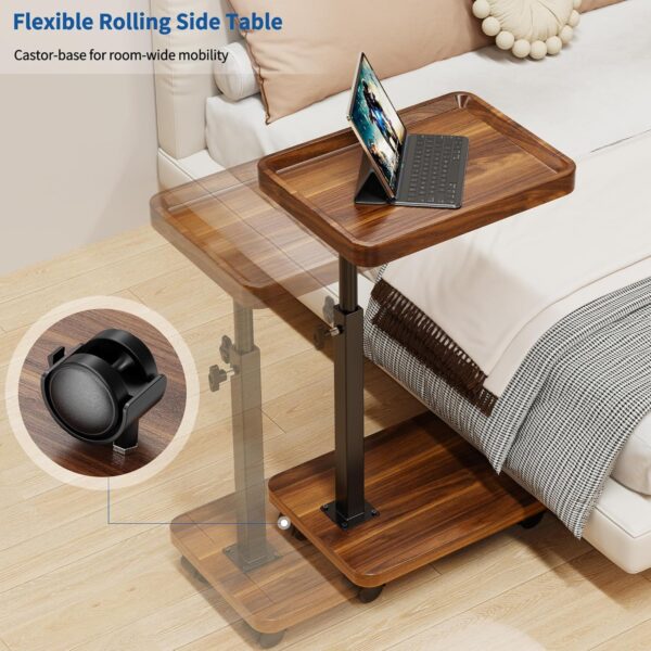 C Table End Table Adjustable Height, 360°Swivel TV Tray Table for Small Spaces, Side Tables with Wheels for Living Room and Bedroom, Bed (Walnut) 4
