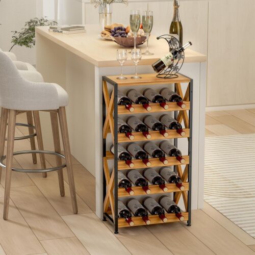 WF2020MAX_1 20 Bottle Wine Rack Freestanding Floor with Wood Top,Wobble-Free 5 Tier Wine Display Storage Stand Shelf,Stackable Modular Wine Bottle Holder Rack for Kitchen,Cellar,Living Room