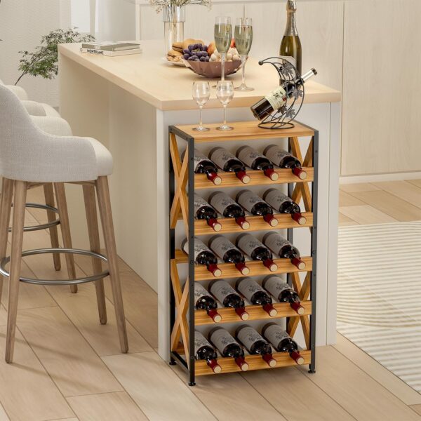 20 Bottle Wine Rack Freestanding Floor with Wood Top,Wobble-Free 5 Tier Wine Display Storage Stand Shelf,Stackable Modular Wine Bottle Holder Rack for Kitchen,Cellar,Living Room 1
