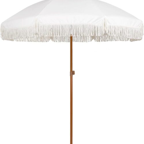 AMMSUN 7ft Patio Umbrella with Fringe Outdoor Tassel Umbrella UPF50+ Premium Steel Pole and Ribs Push Button Tilt, Cream White