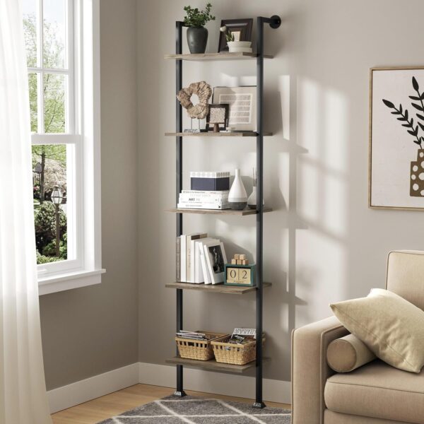 Axeman 5-Tier Ladder Shelf, Tall Narrow Bookcase for Small Spaces, Book Storage Organizer Case Open Shelves for Living Room, Home Office, Study, Industrial Style Black Metal Frame and Gray Shelf 1