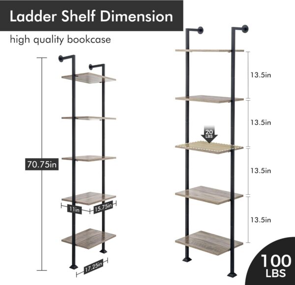 Axeman 5-Tier Ladder Shelf, Tall Narrow Bookcase for Small Spaces, Book Storage Organizer Case Open Shelves for Living Room, Home Office, Study, Industrial Style Black Metal Frame and Gray Shelf 2