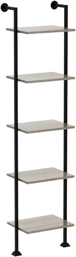 Axeman 5-Tier Ladder Shelf, Tall Narrow Bookcase for Small Spaces, Book Storage Organizer Case Open Shelves for Living Room, Home Office, Study, Industrial Style Black Metal Frame and Gray Shelf 4