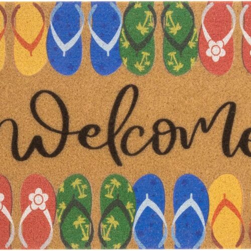 Hello Summer Entrance Welcome Doormat - Flip Flops Decorative Non-Slip Seasonal Coir Doormat for Indoor Outdoor 17" X 29"