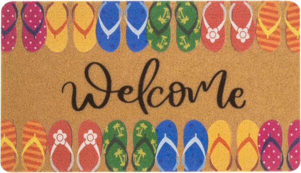 Hello Summer Entrance Welcome Doormat - Flip Flops Decorative Non-Slip Seasonal Coir Doormat for Indoor Outdoor 17" X 29" 1