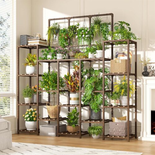 WF4517MAX_1 EnHomee Plant Stand Indoor Tall Plant Stand Outdoor Large Wood Plants Shelf with 18-22 Pots for Patio, Living Room, Garden, Balcony, 55.9" Wx63.1 Hx11.78 D